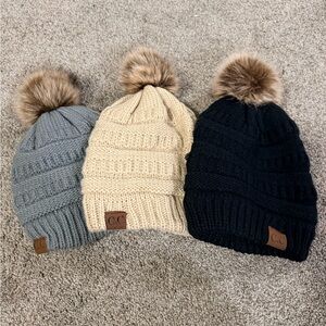 C.C Cozy Knit Beanie Trio - Gray, Cream, Black